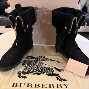 Burberry Black Suede Boots with Gold Accents